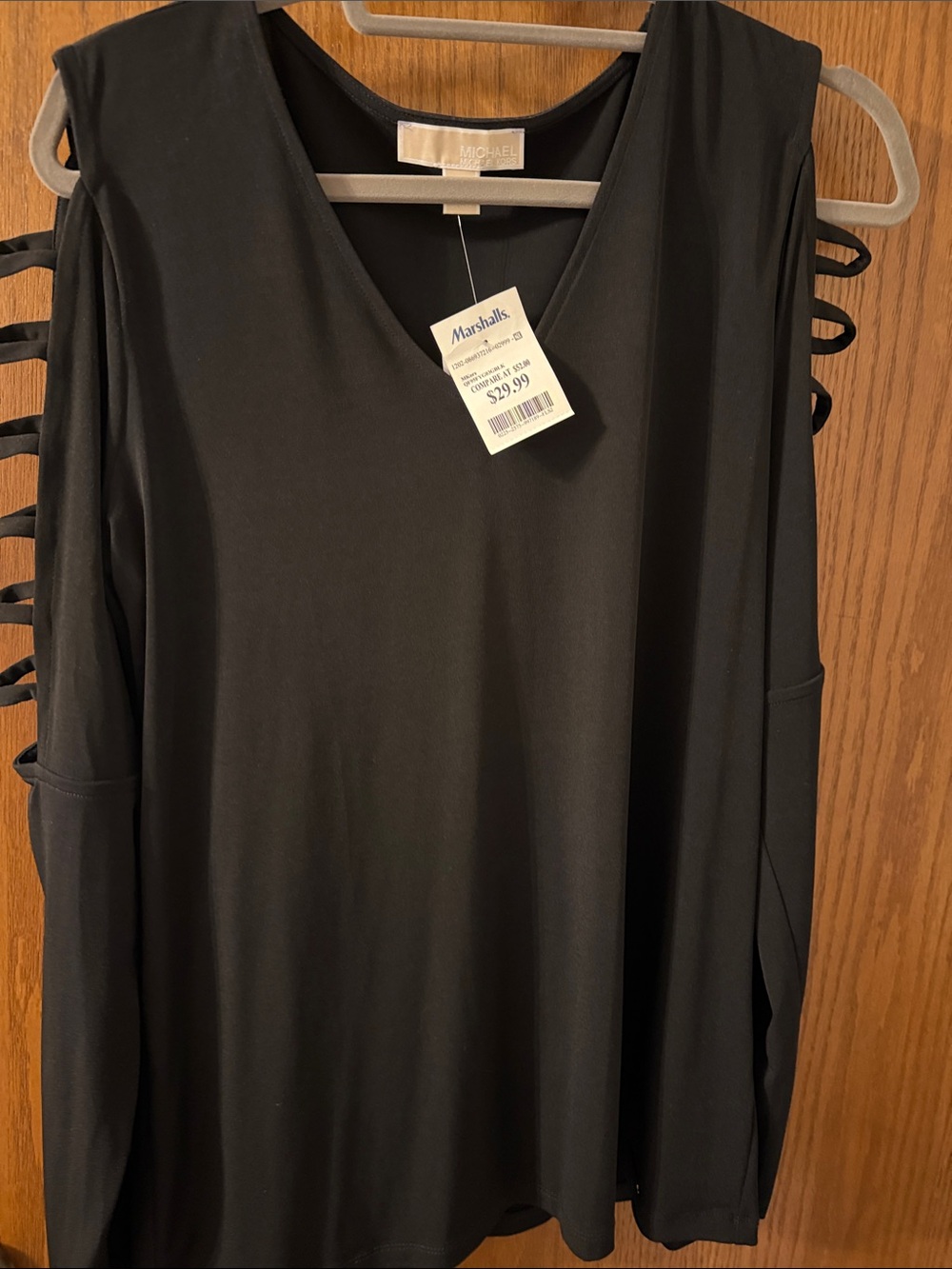 Michael Kors Black Cold-Shoulder V-Neck Blouse with Ladder Straps